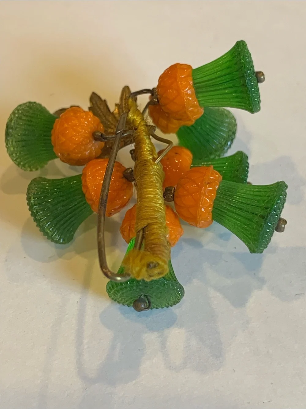 Vintage Czech Glass Flower Bouquet Brooch Orange Green Silk Wrapped Stem